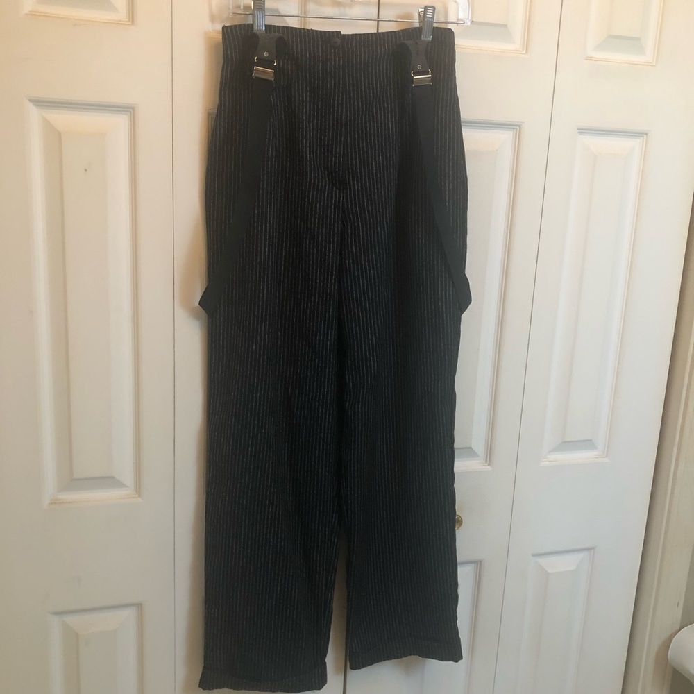 Vintage Black Pinstripe Wide-Leg Trousers with Suspender Straps